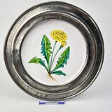 Decorative wall plate in earthenware and pewter with dandelion