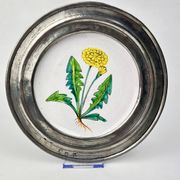 Decorative wall plate in earthenware and pewter with dandelion