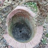 Medicis stone planters with old tree trunk decor