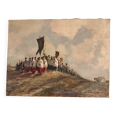 Oil on canvas, procession in Brittany signed Beaufreton