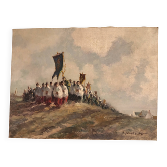 Oil on canvas, procession in Brittany signed Beaufreton