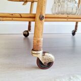 Antique rattan serving trolley with double shelves