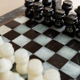 Vintage Marble Chess Set in Black and Cream Stone with Hand-Carved Pieces, Italian 1960s