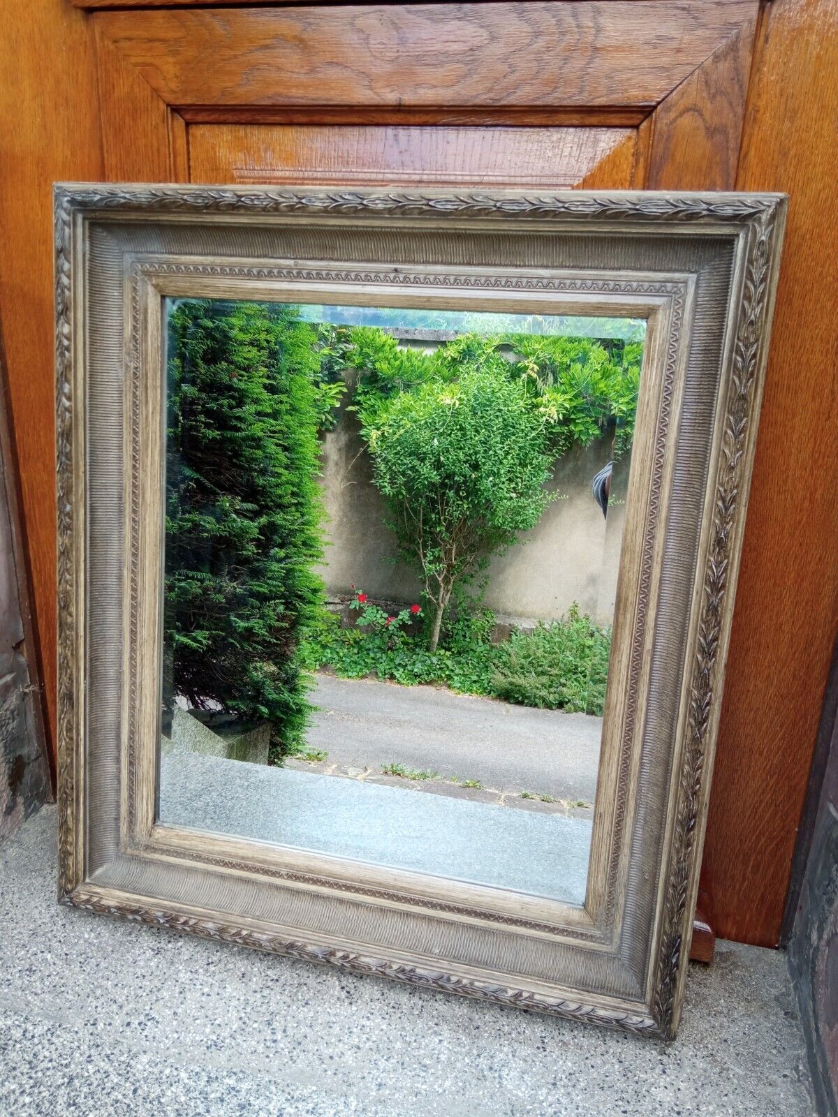 Patinated wall mirror gray with beveled ice, 80 x 70 cm
