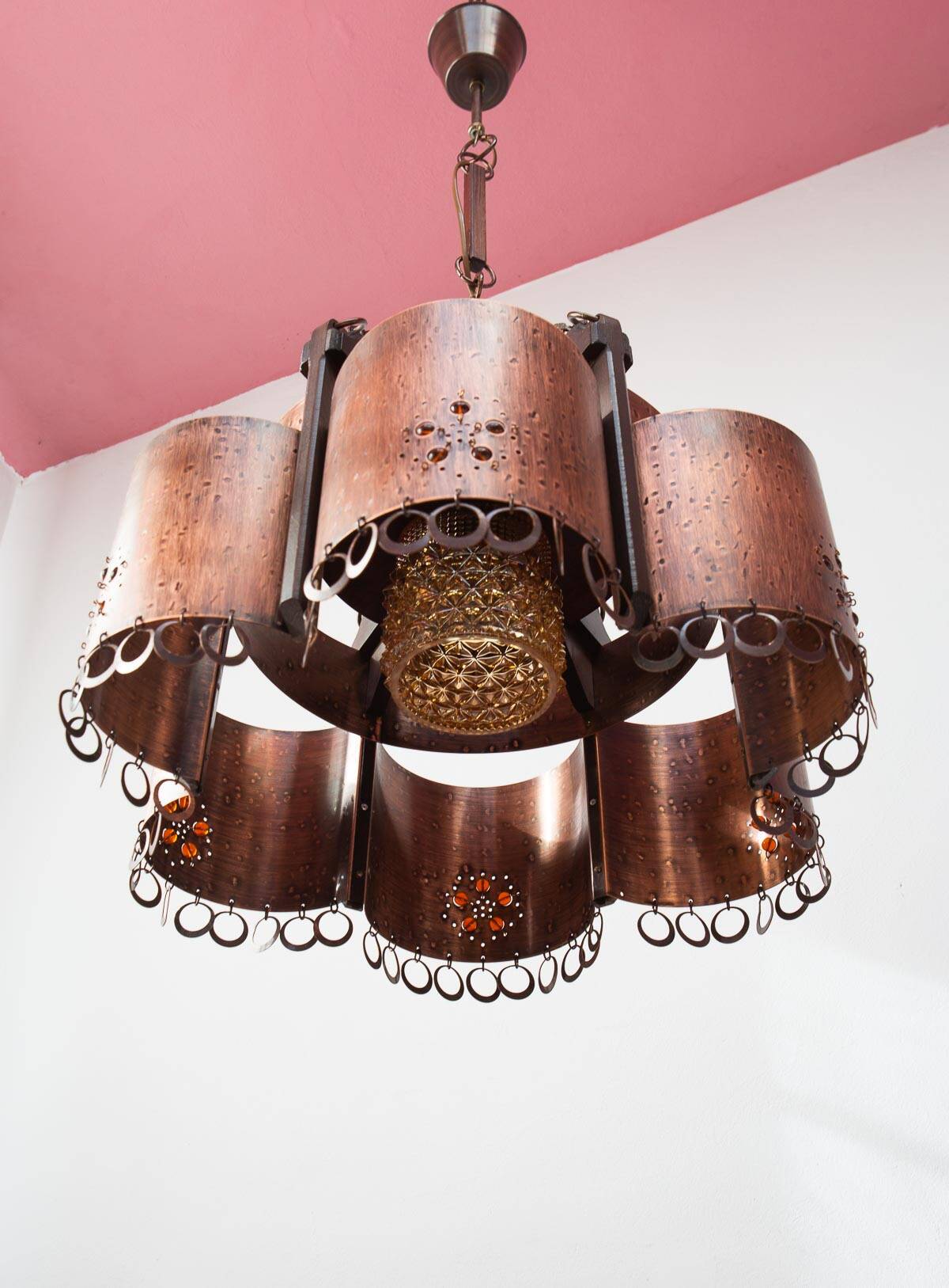 Large Scandinavian copper and wood pendant lamp circa 1970