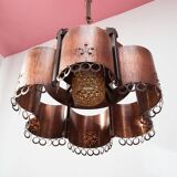 Large Scandinavian copper and wood pendant lamp circa 1970