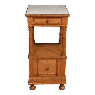 Late 19th century bamboo bedside table decorated with white marble 4 spinning top legs