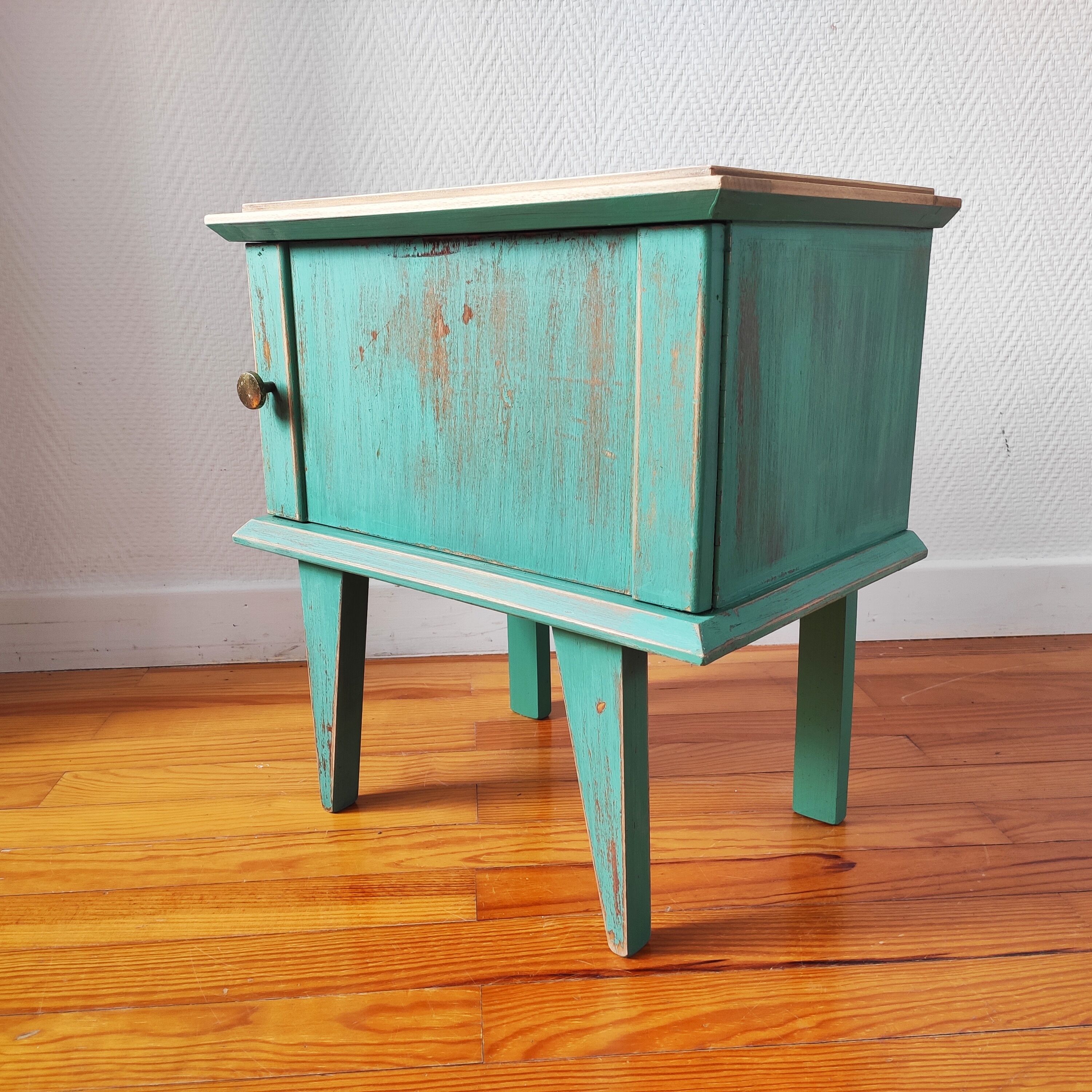 Patinated vintage bedside table