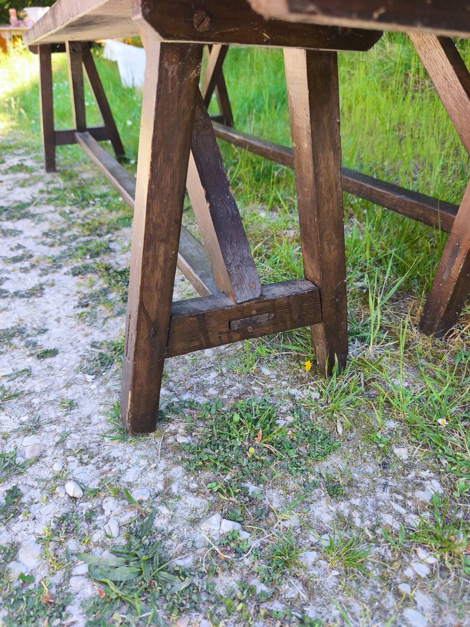 Pair of rustic antique long benches in solid wood – 195 cm