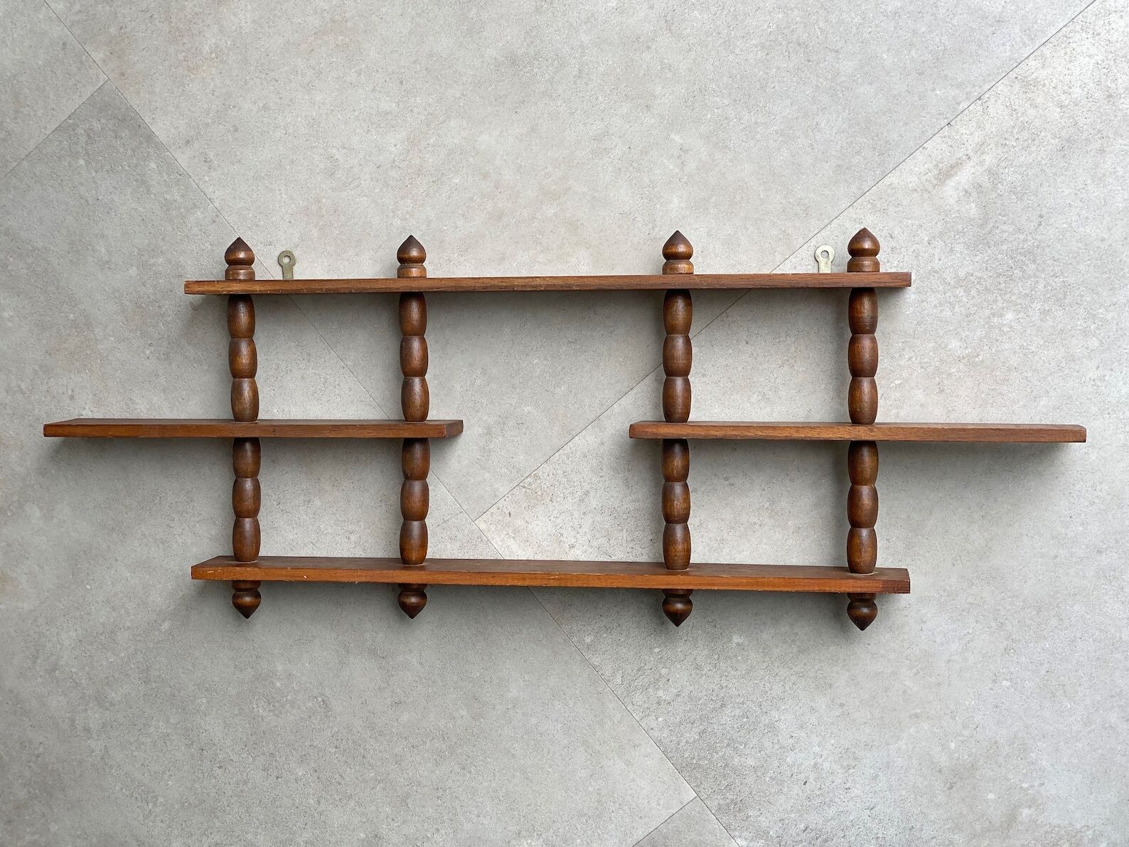 Vintage wooden wall shelves display, small shelving for miniatures