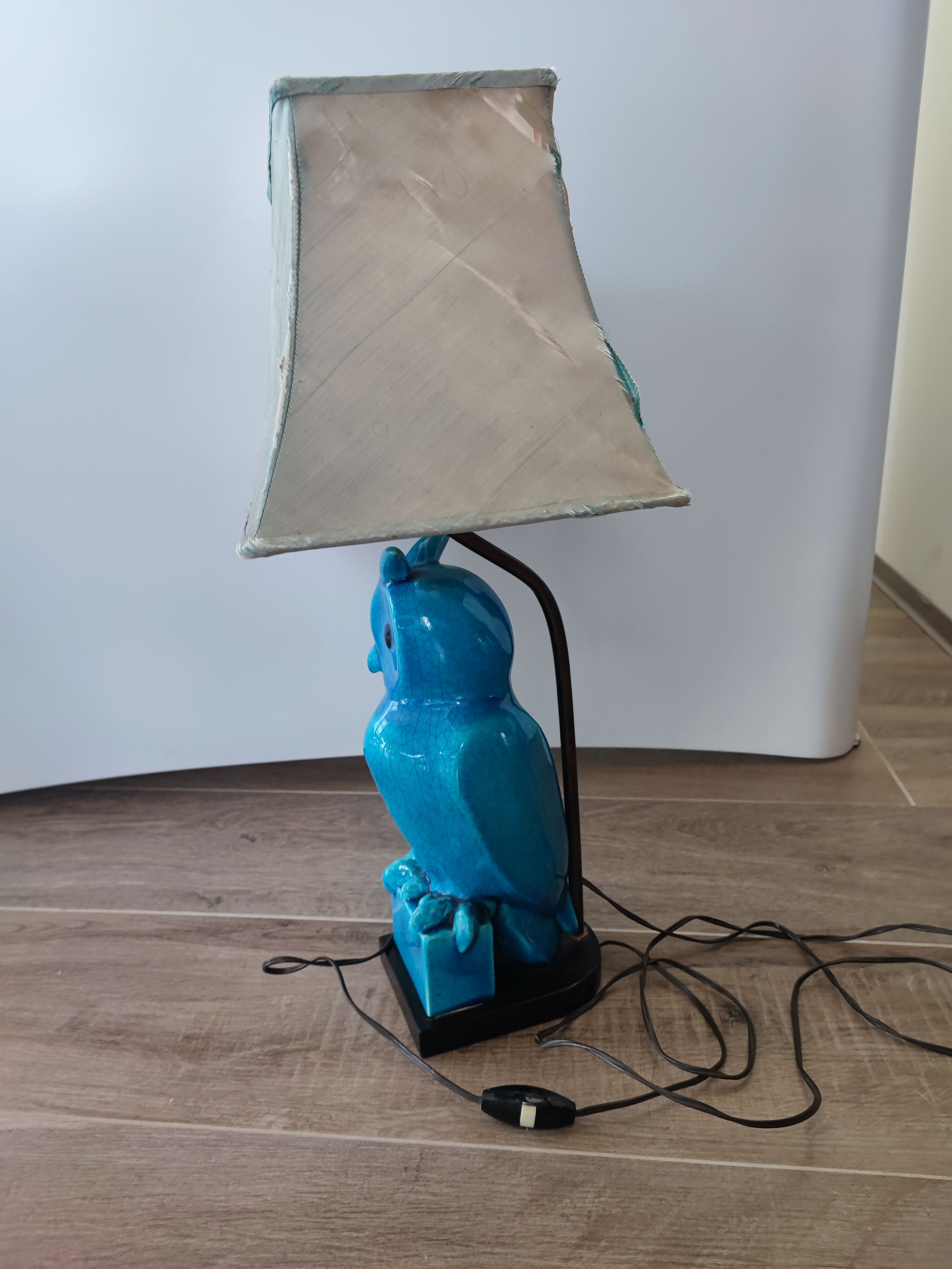 Turquoise cracked earthenware owl lamp