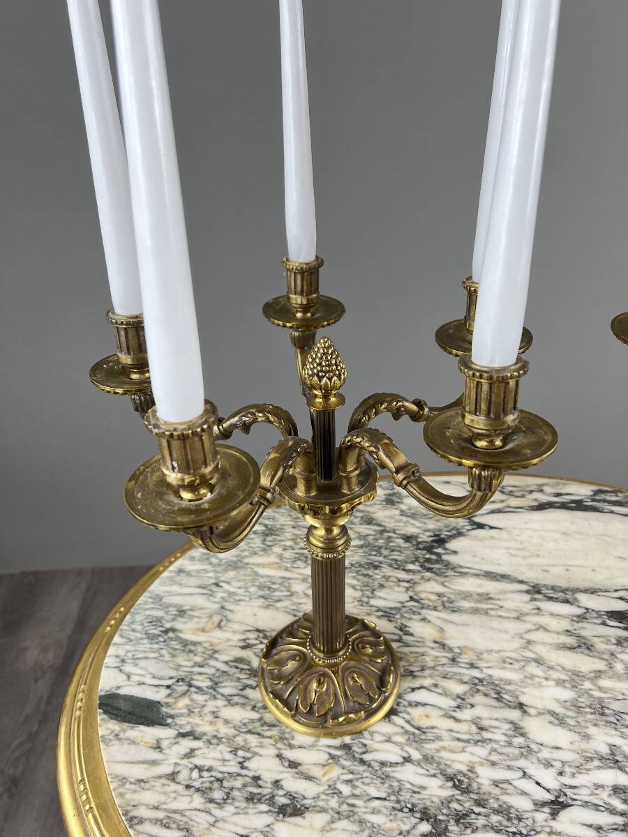 Pair of gilded bronze candelabra with 5 lights, Louis XVI style, 20th century.