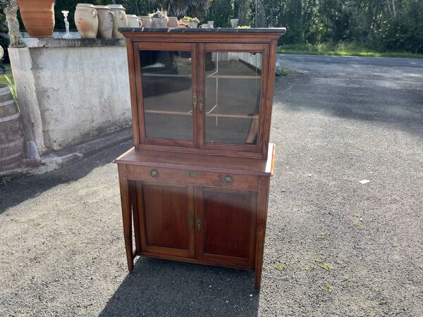 Buffet deux corps anglais victorien cerisier dessus marbre vitrine XIXe siè