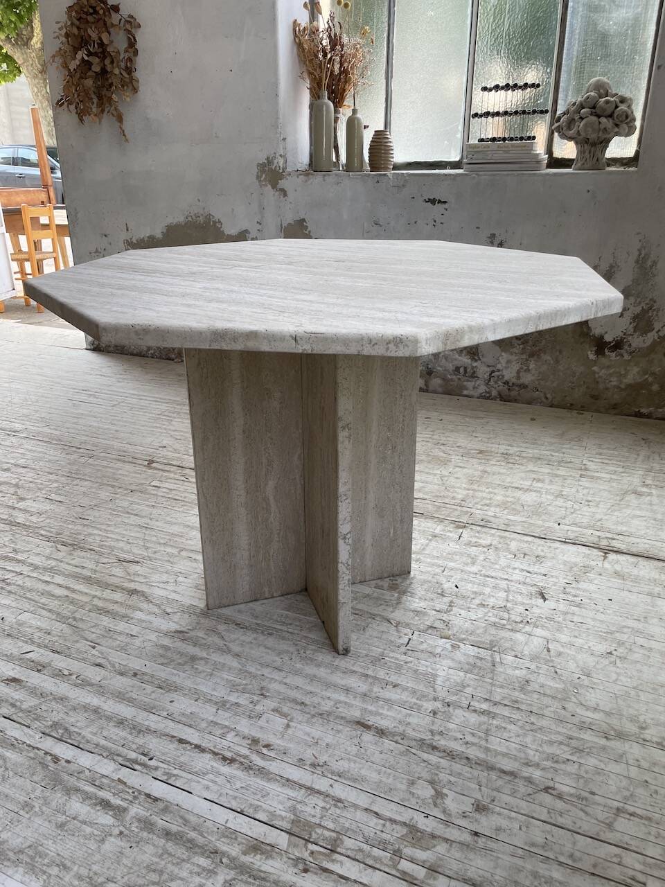 Octagonal travertine coffee table