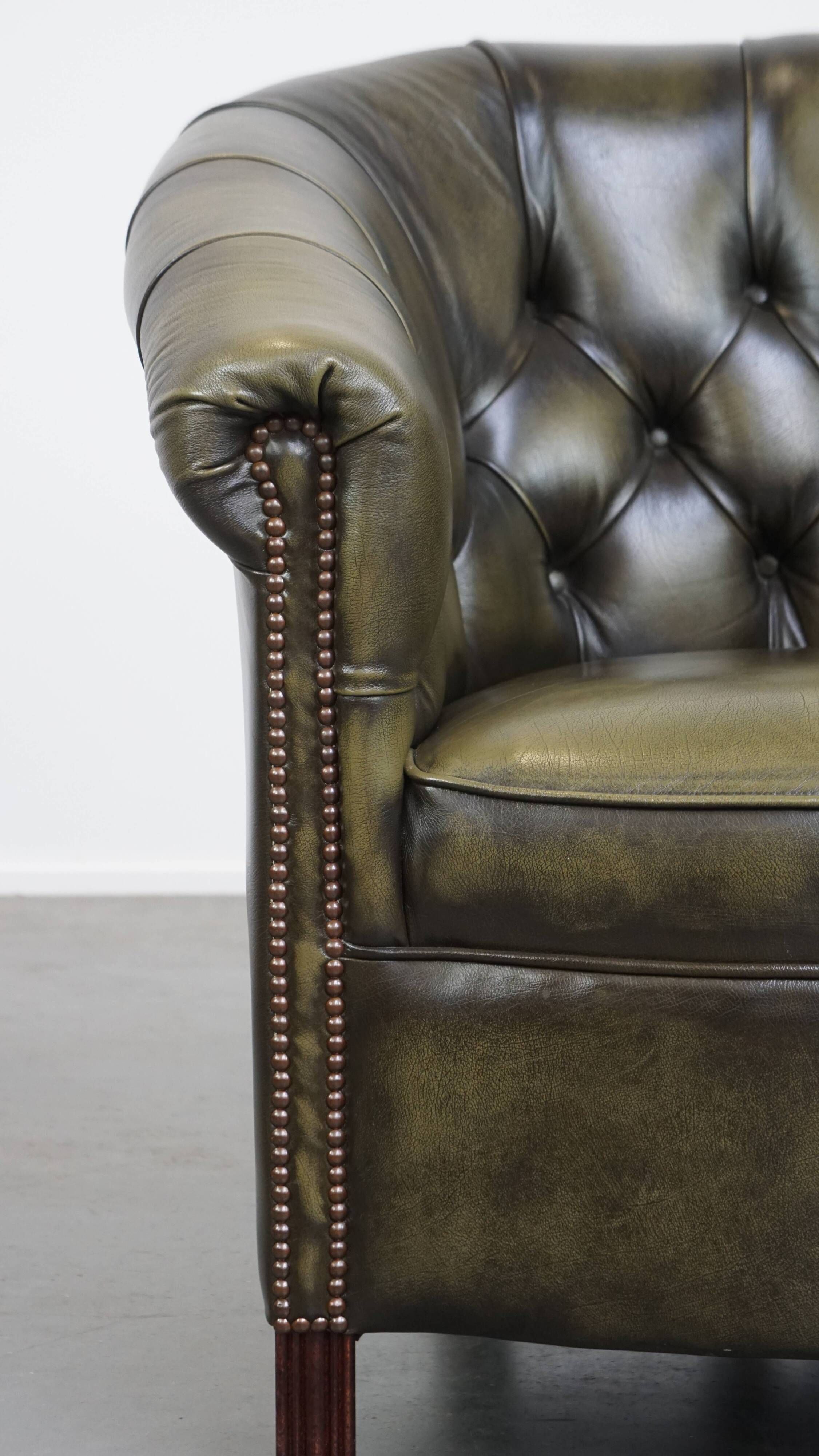 English Chesterfield club chair in olive green cowhide leather