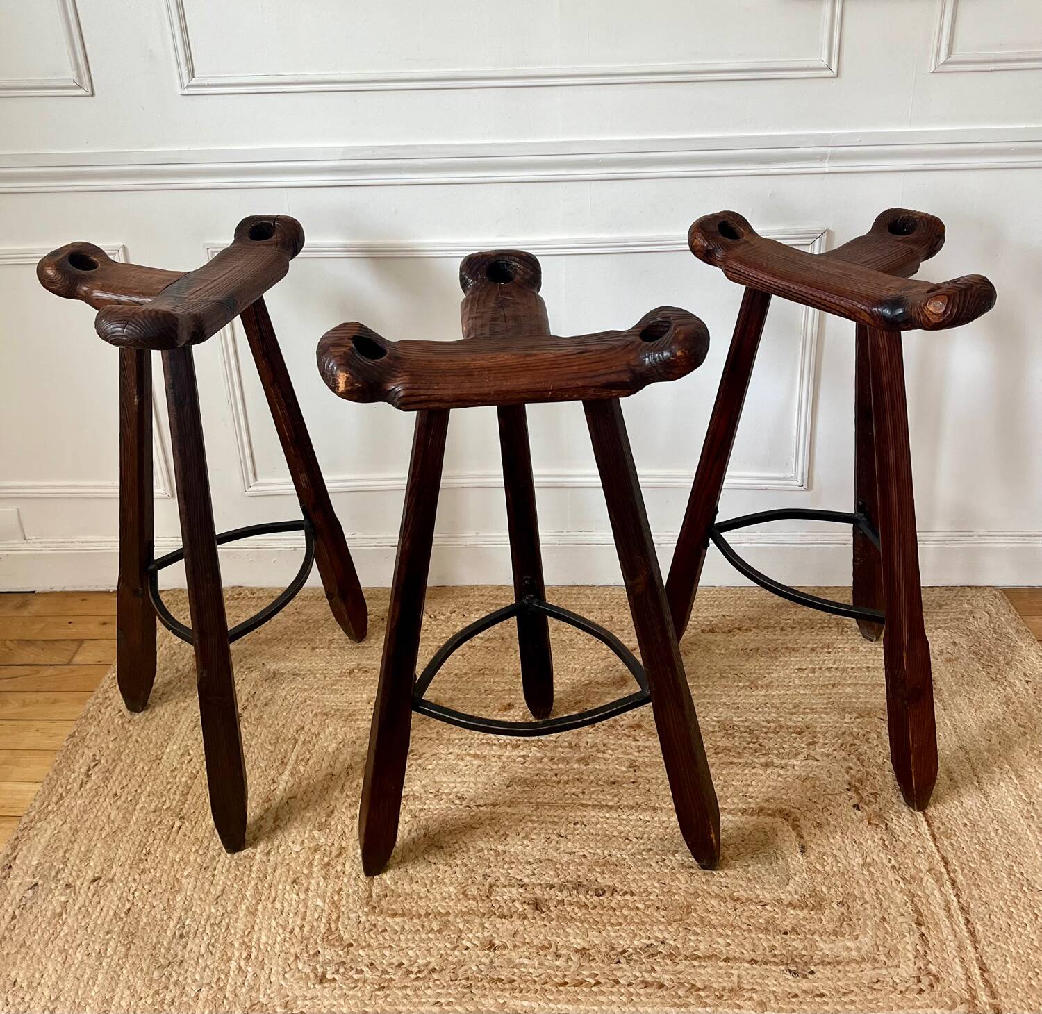 Set of three brutalist bar stools