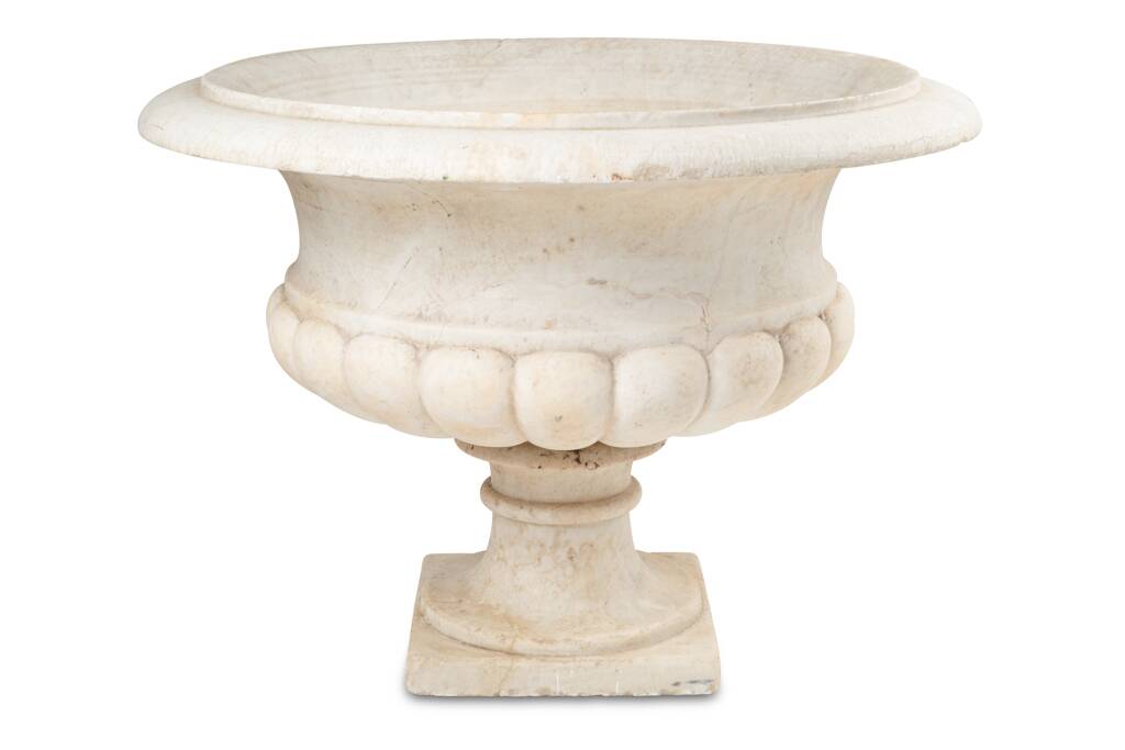 Medici vase with a gaudrooned body and flared marble neck. Circa 1880