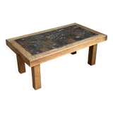 Brutalist coffee table in solid oak and marble from the 70s