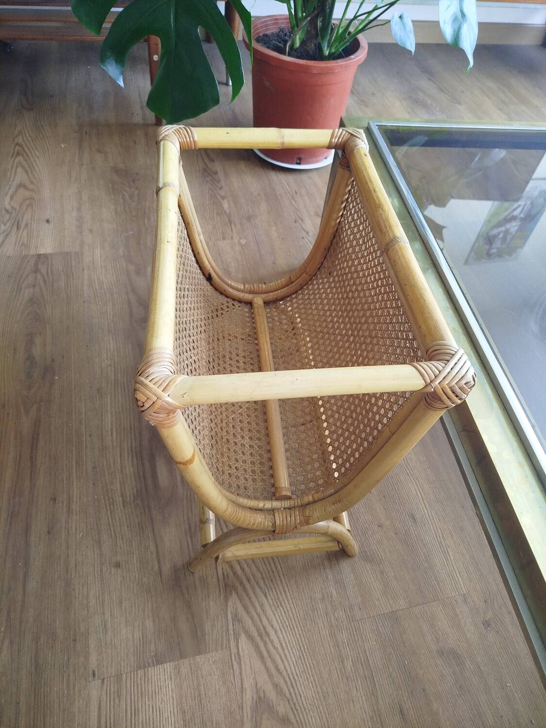 Fluted rattan magazine rack, 1950s