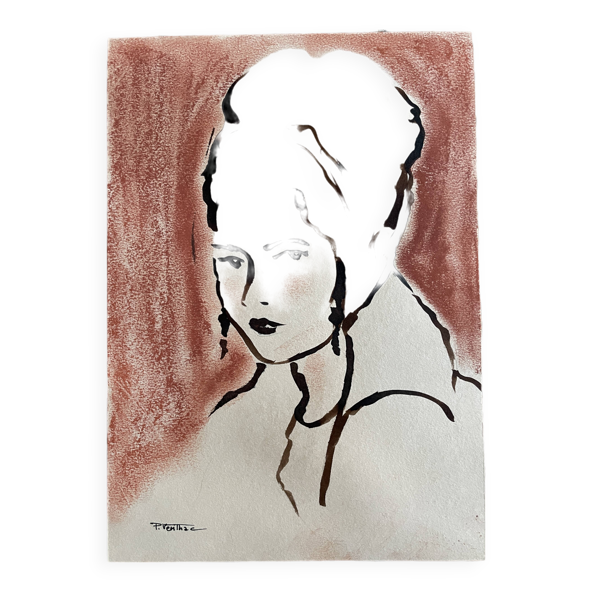 Painting signed Indian ink and pastel female portrait “study with headdress”