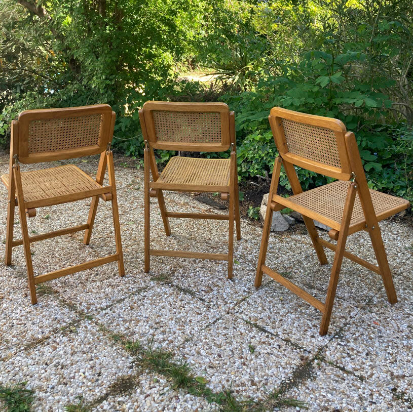 Lot de 3 chaises pliantes en bois et cannage