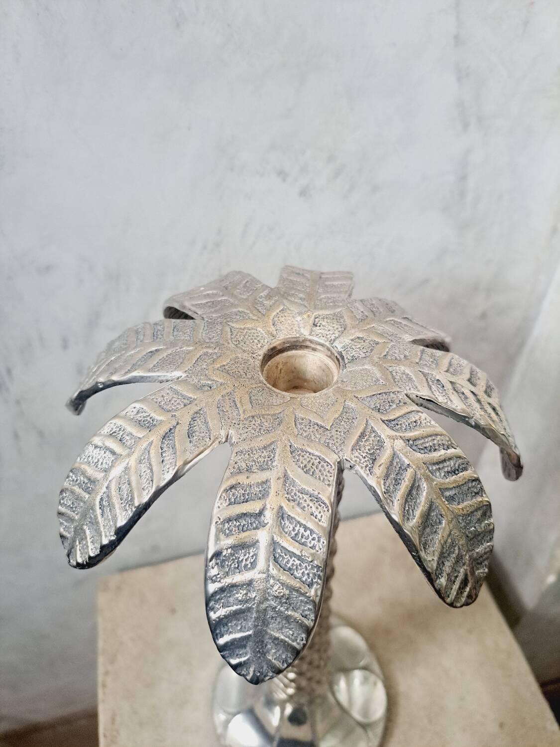 Grand bougeoir palmier argente