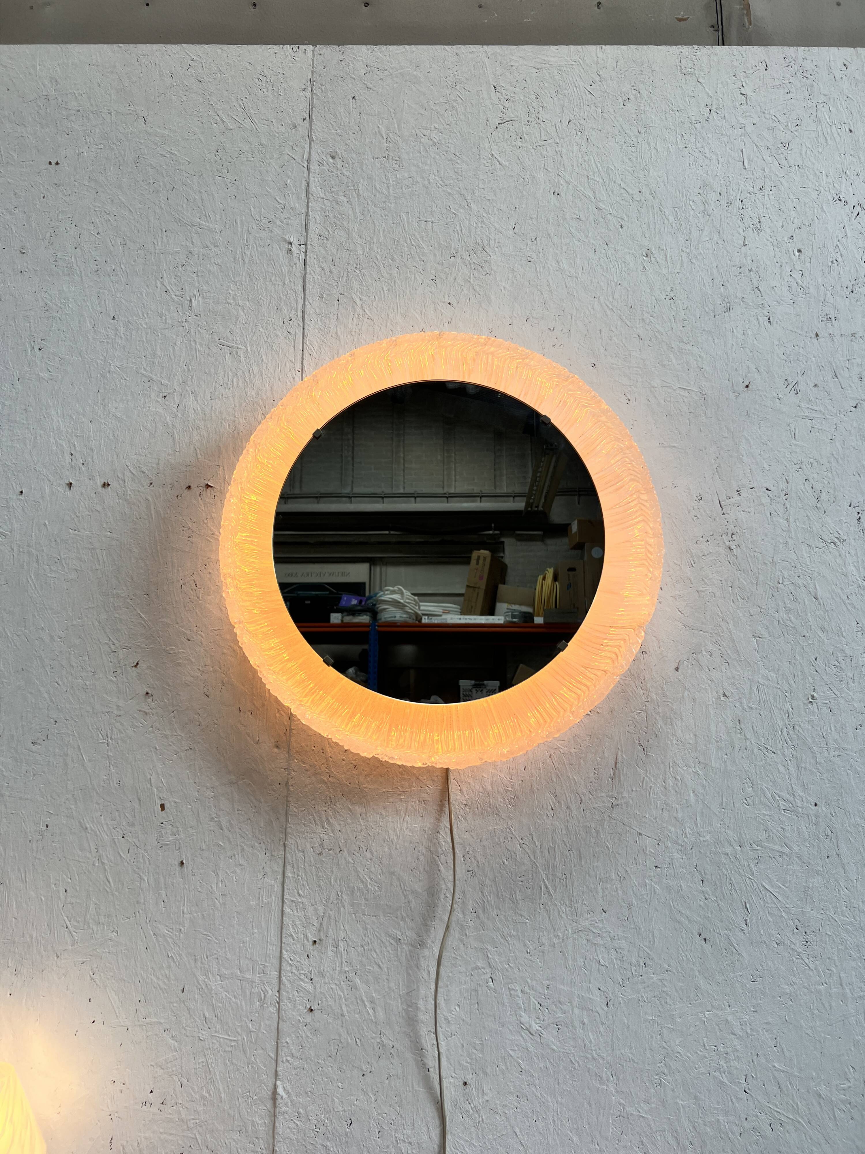 Vintage Round Hillebrand Iceglass Mirror with Lighting