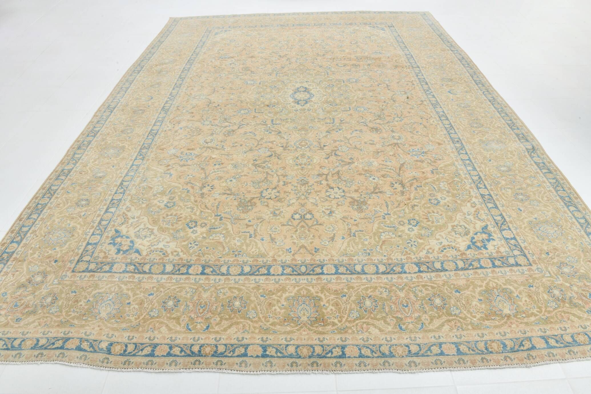Sky Blue Hand Knotted Antique Vintage Persian Tabriz Rug, 293x407 Cm