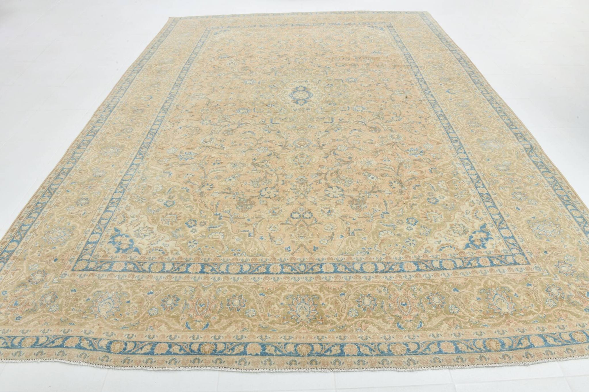 Sky Blue Hand Knotted Antique Vintage Persian Tabriz Rug, 293x407 Cm