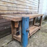 Old oak and beech workbench with its press