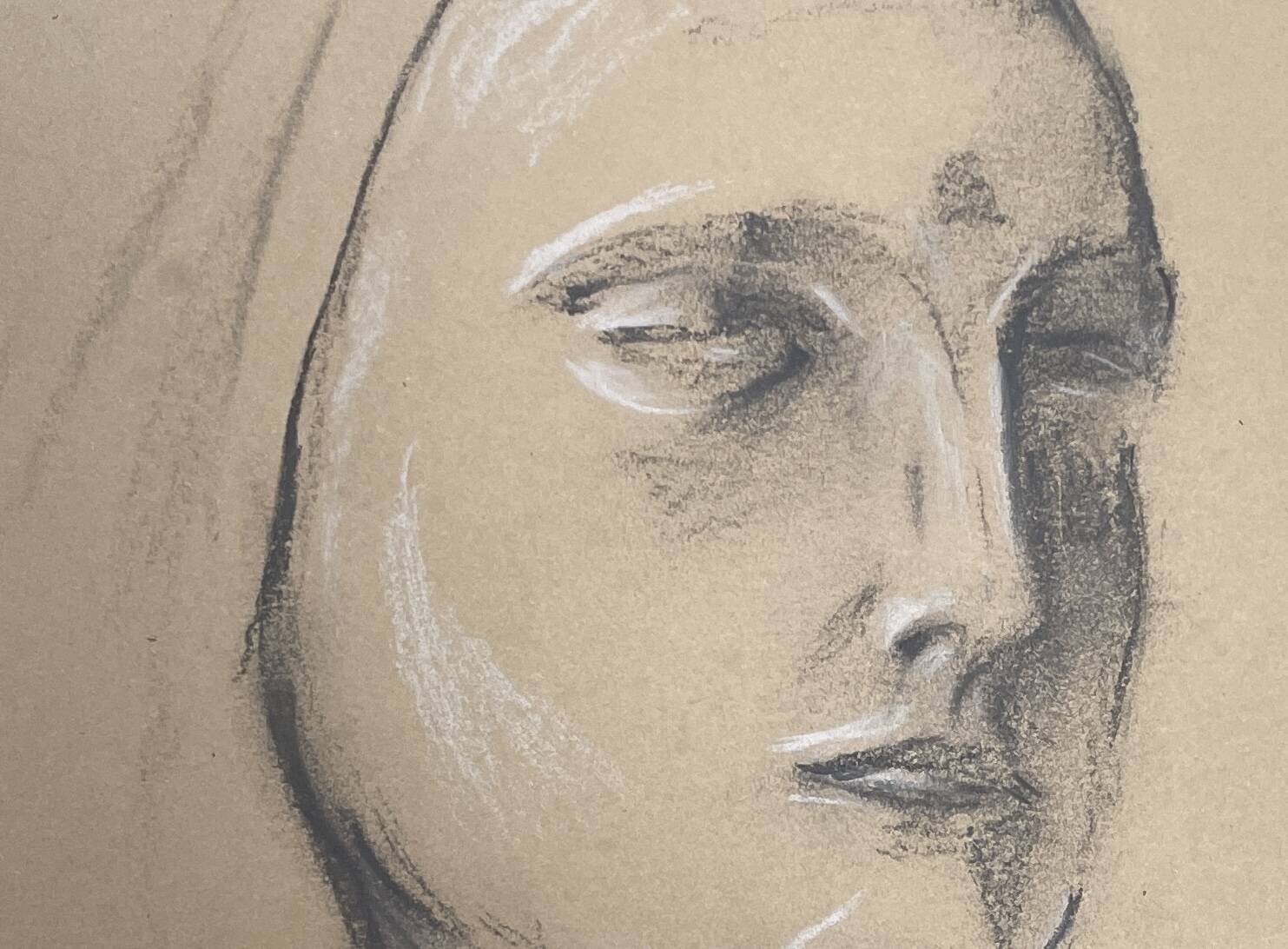 Signed drawing, charcoal study of a woman's face for workshop plaster.