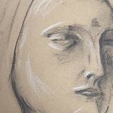 Signed drawing, charcoal study of a woman's face for workshop plaster.