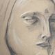 Signed drawing, charcoal study of a woman's face for workshop plaster.