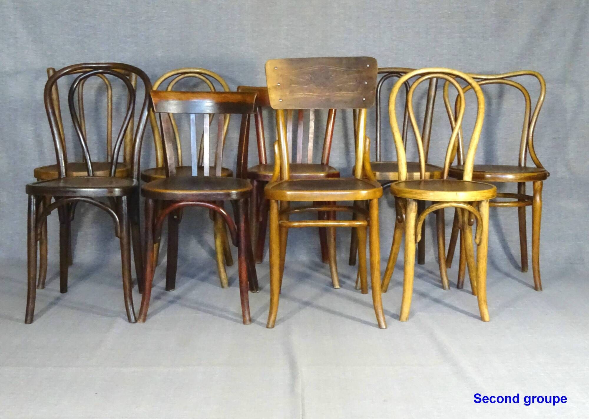 Set of 24 mismatched bistro chairs, curved wood, 1920 to 1955 Thonet...