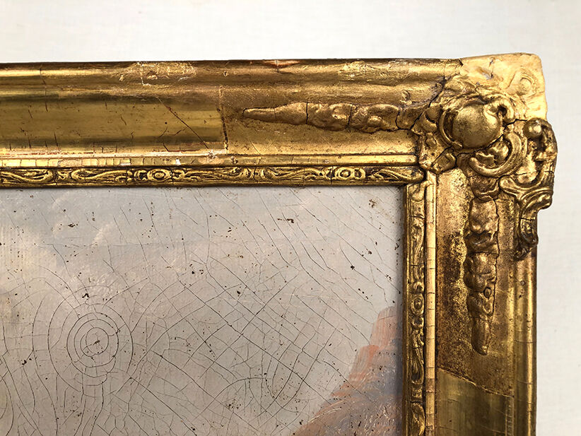 Trumeau decorated with a lively landscape, stuccoed and gilded frame 59x125cm