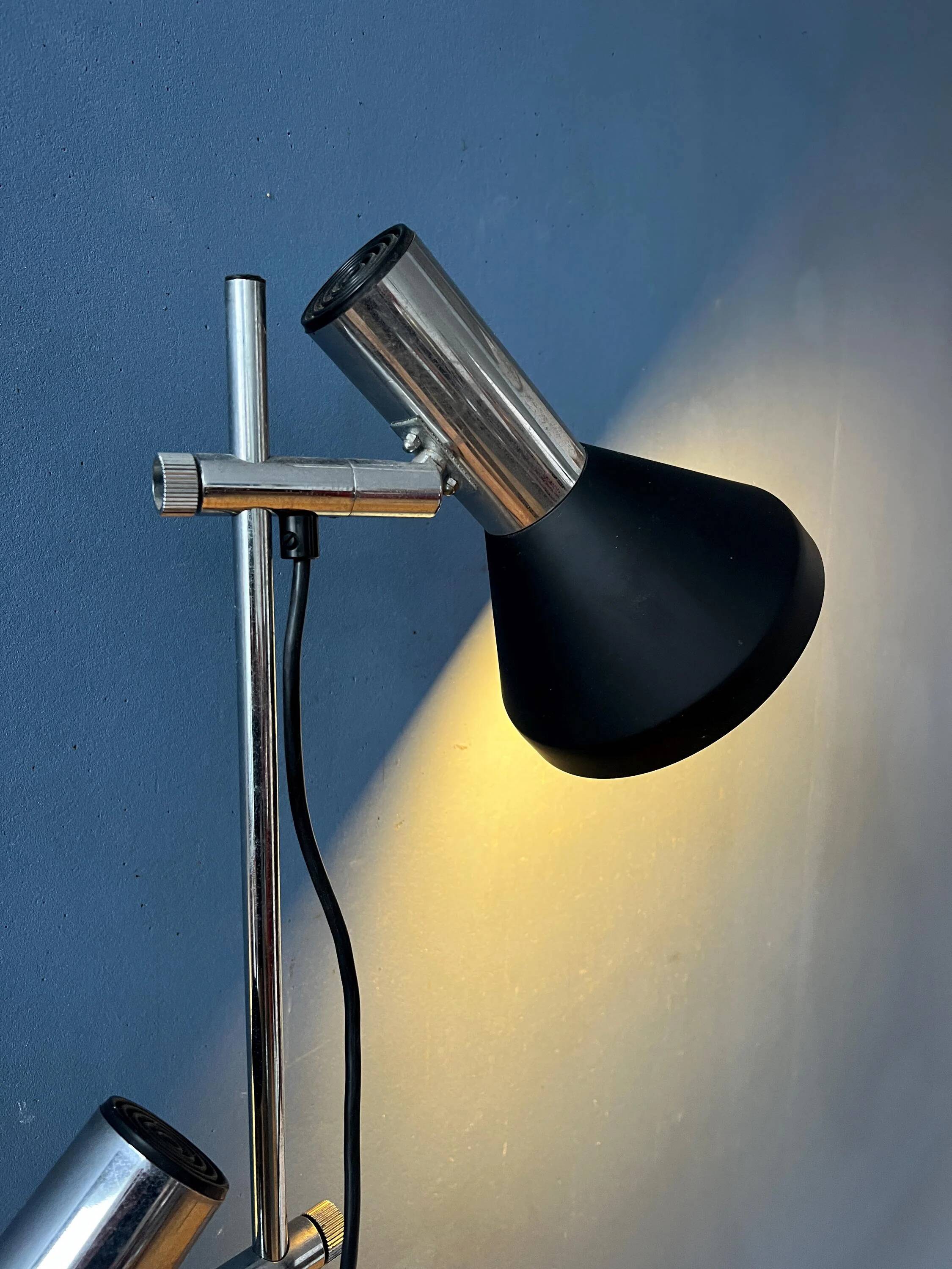 Mid-century black vintage floor lamp with two aluminium spots.