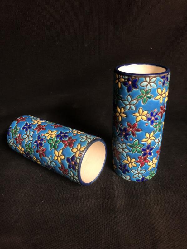 Pair of 19th-century roll vases in Longwy enamels