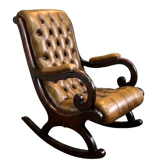 Rocking Chair Chesterfield in Tawny Leather & Solid Wood – Impeccable Condition