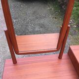 Vintage Scandinavian teak dressing table with 1 drawer 1 flap and its swivel mirror.
