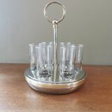 6 shot glasses on vintage metal support
