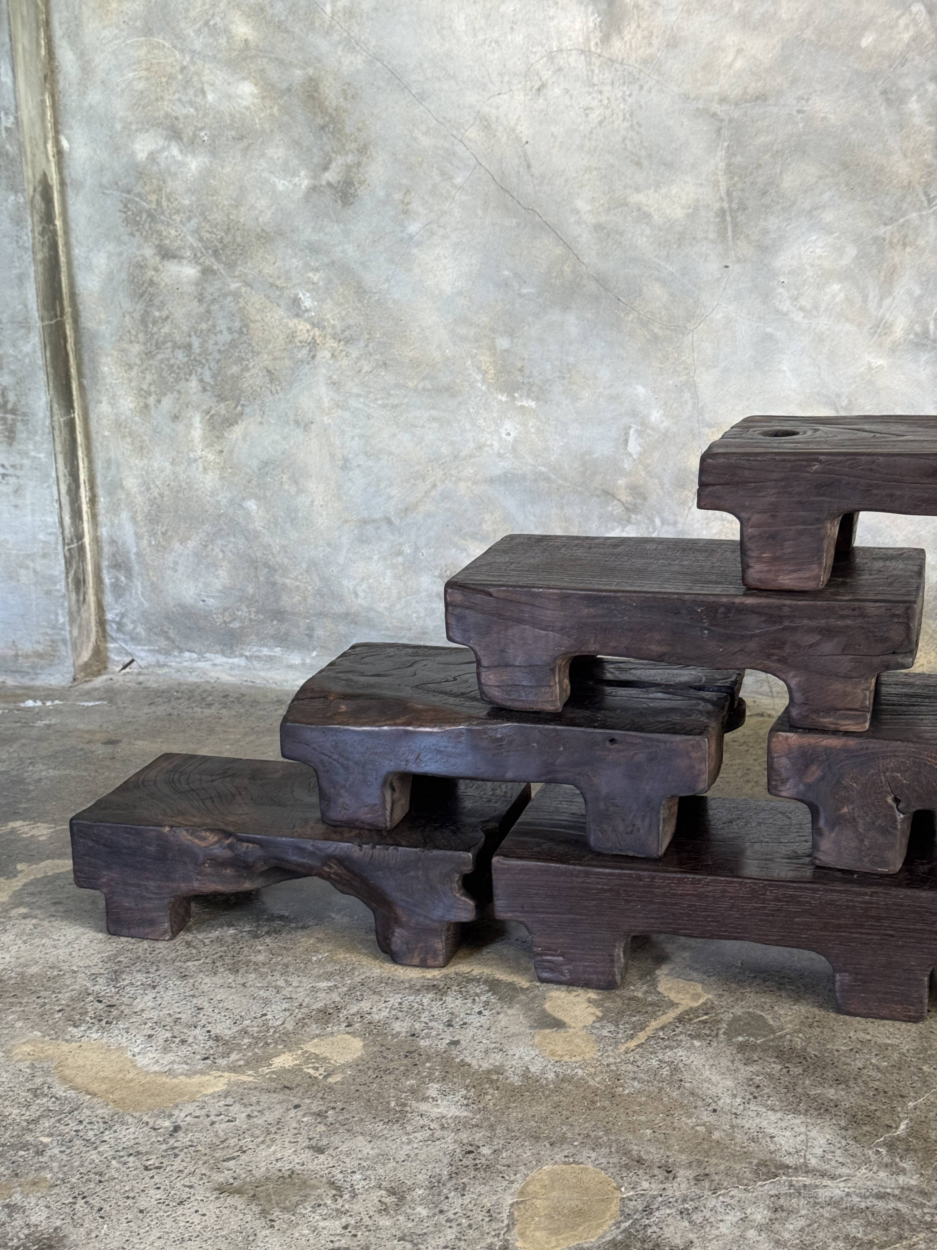 Small stool, black solid teak accent stool wabi-sabi L30 W8.5 H6.