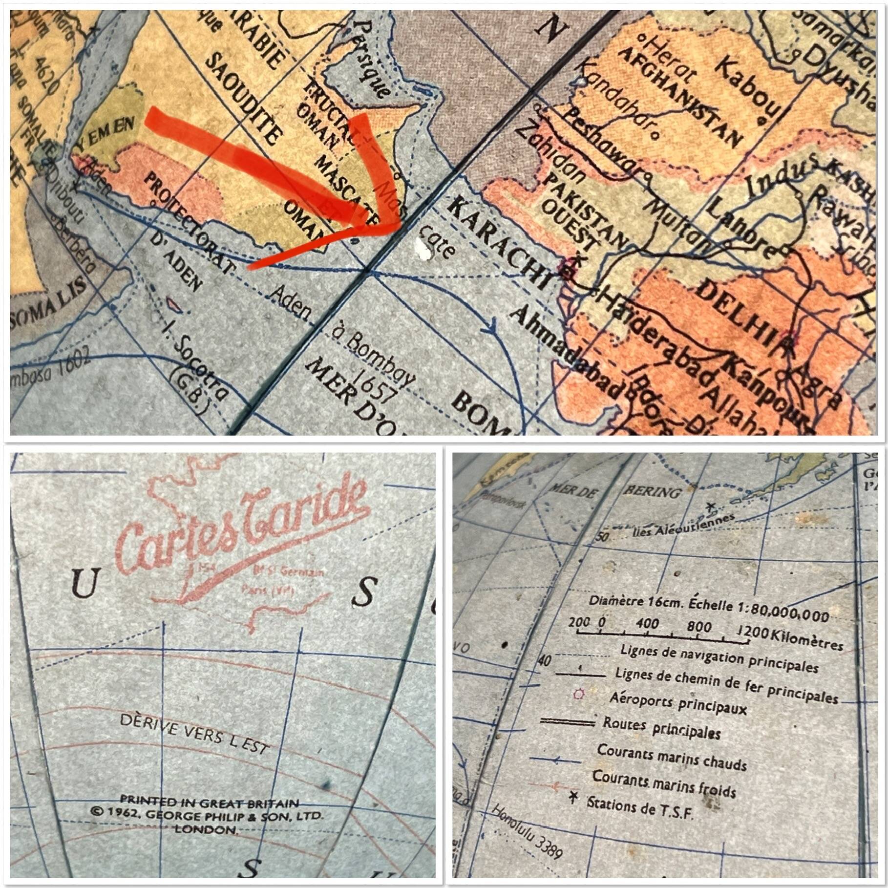 Terrestrial globe 1960 Tripod Taride luminous in vintage world map glass