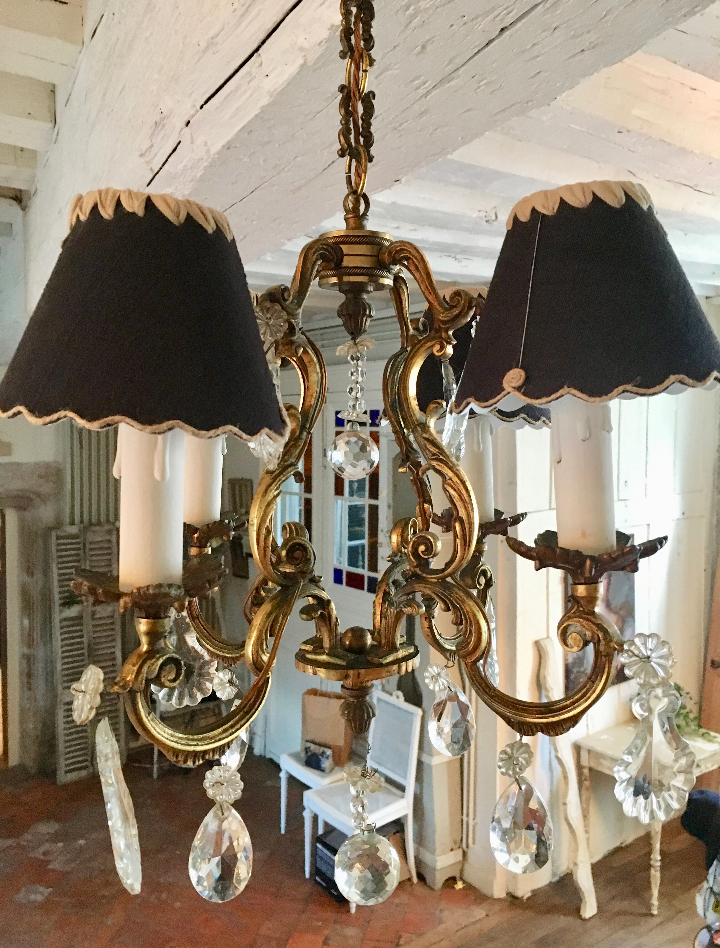 Cage chandelier 4 burners solid bronze and crystal pendants