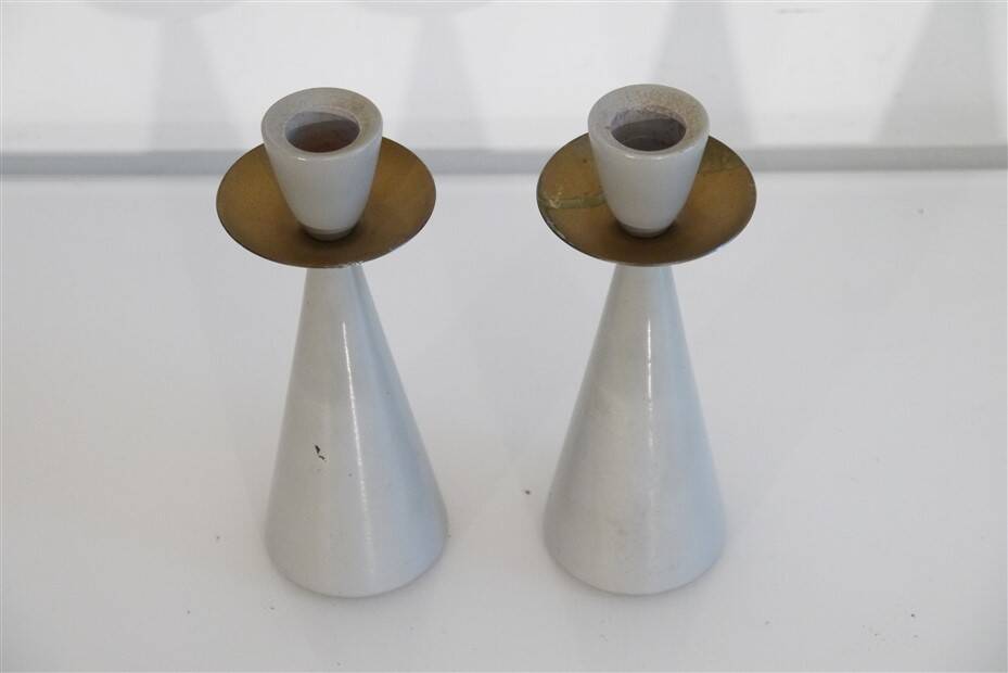 Pair of Swedish candlesticks in painted wood and brass