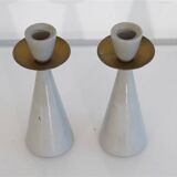 Pair of Swedish candlesticks in painted wood and brass
