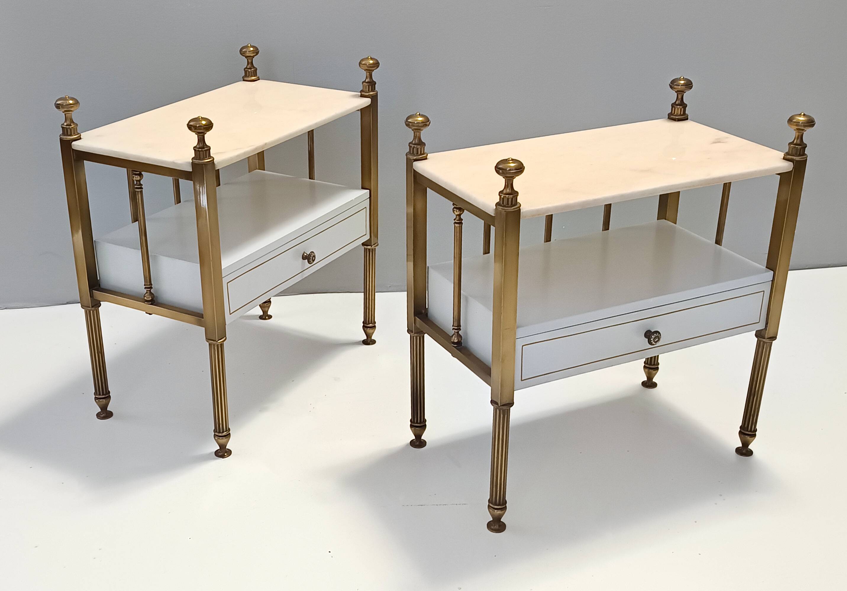 Pair of Brass and White Lacquered Nightstands with Marble Tops, Italy