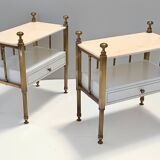 Pair of Brass and White Lacquered Nightstands with Marble Tops, Italy