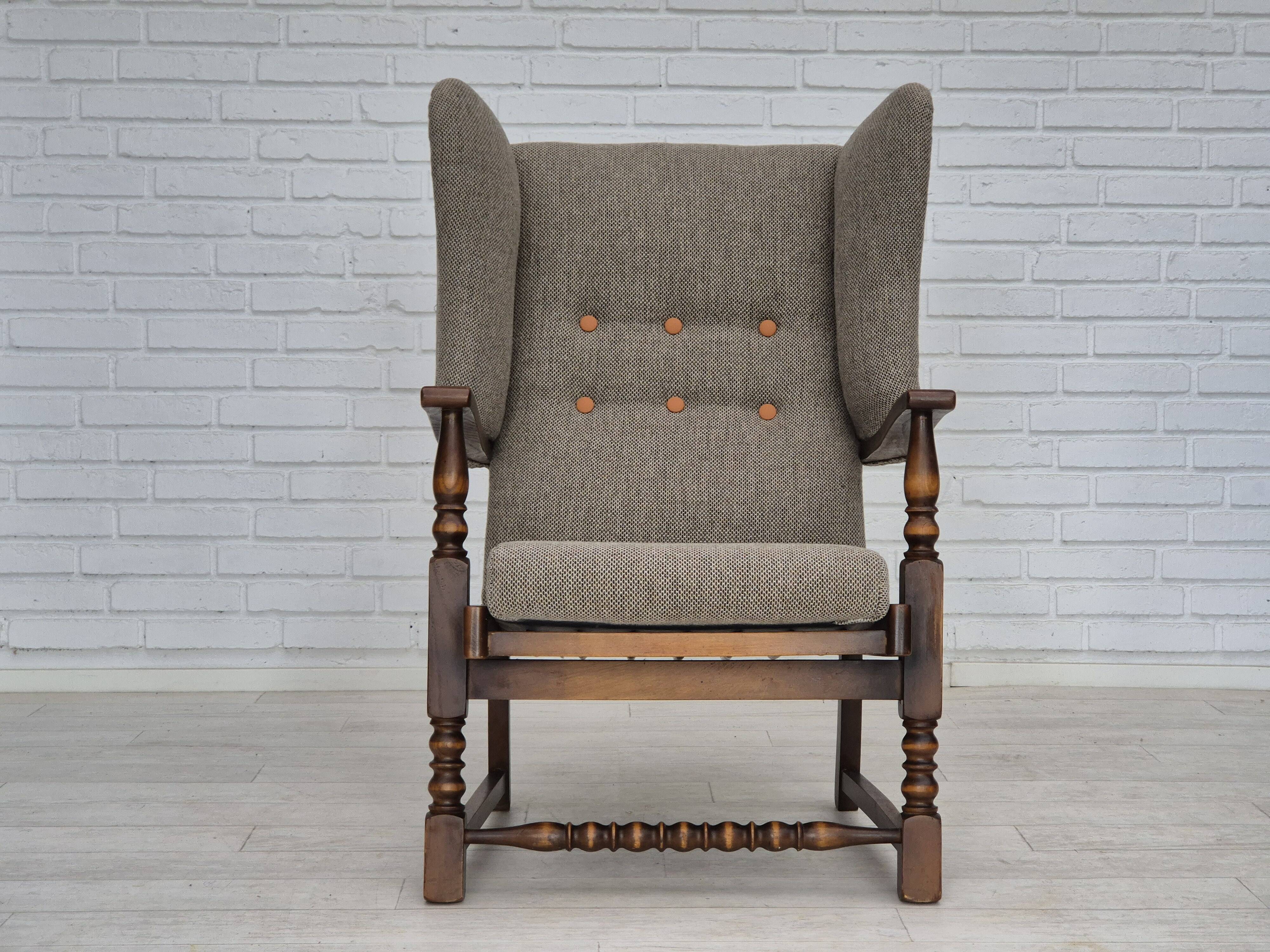 1960s, Scandinavian design, reupholstered high-back armchair, furniture wool, oak wood.