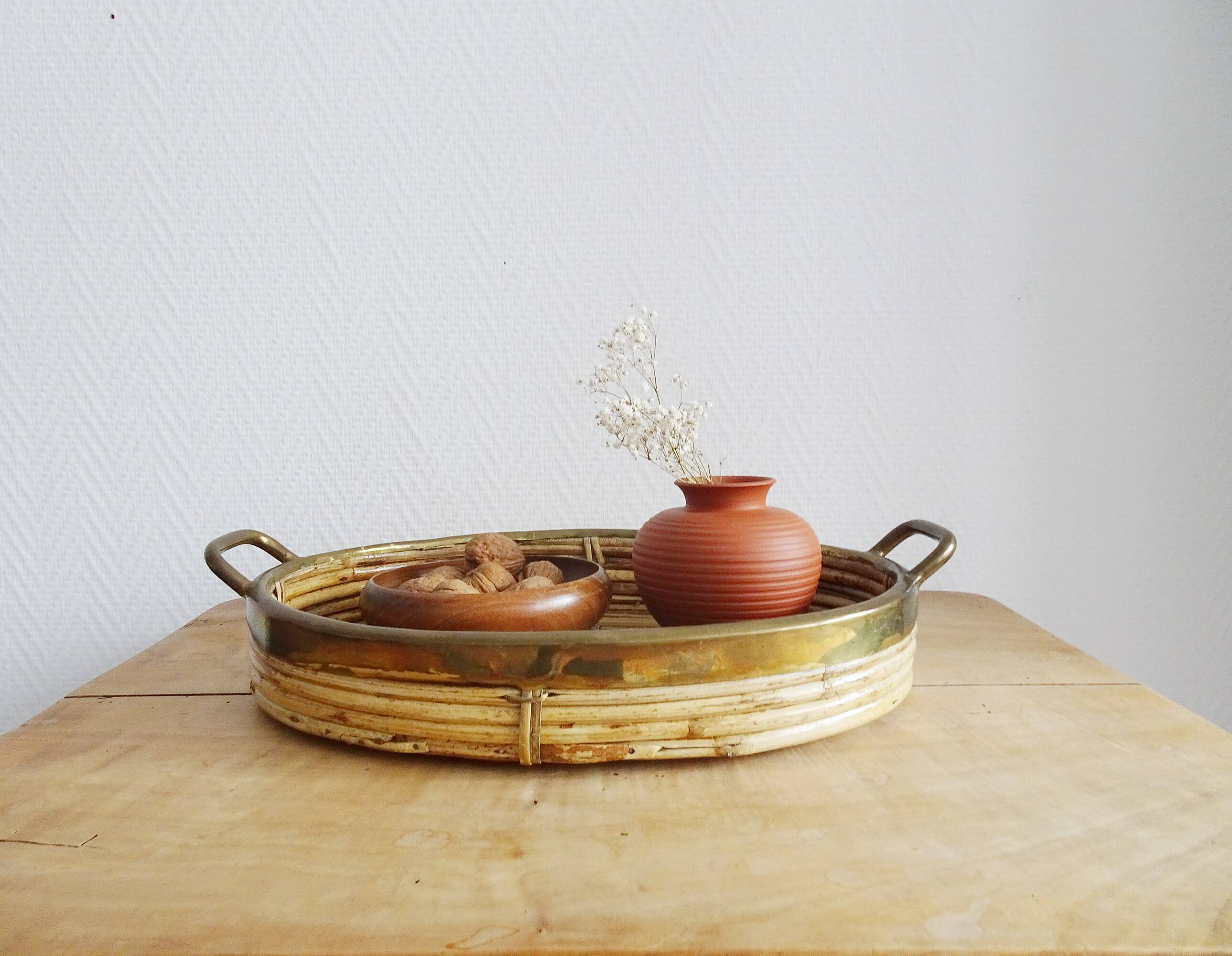 Rattan and brass tray, Gabriella Crespi style serving tray ​