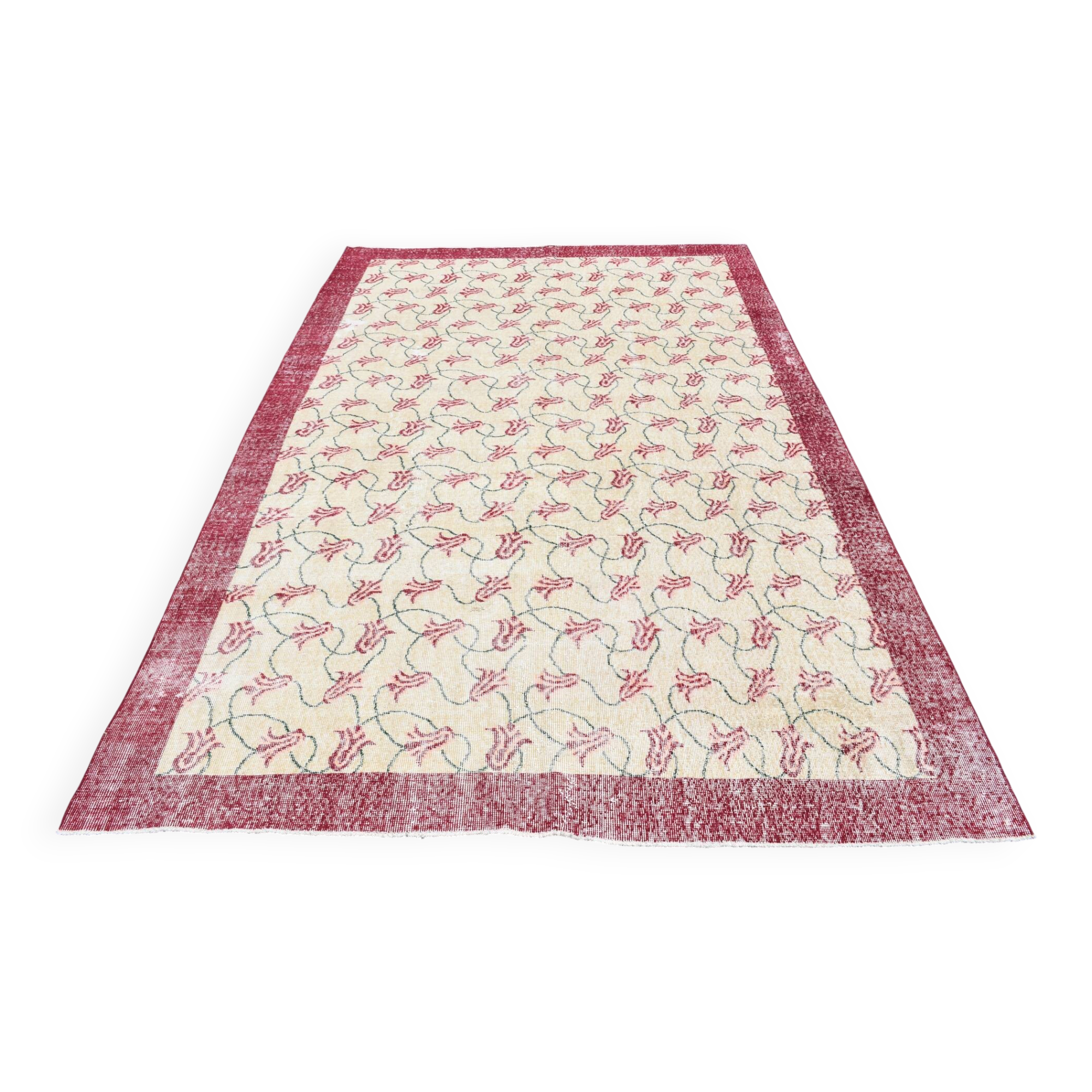 Beige & Burgundy Bordered  Floral Turkish Rug, Neutral Wool Rug, 194x290 Cm